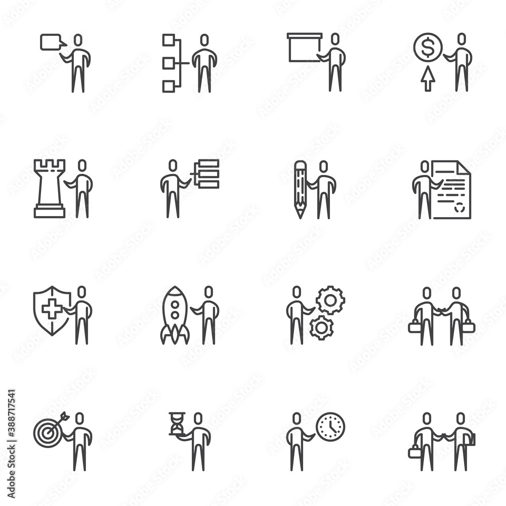 Fototapeta Business team line icons set, outline vector symbol collection, linear style pictogram pack. Signs, logo illustration. Set includes icons as business presentation, startup rocket, teamwork management