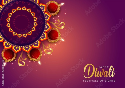  Happy Diwali celebration background. Top view of banner design decorated with illuminated oil lamps on patterned stylish background. vector illustration