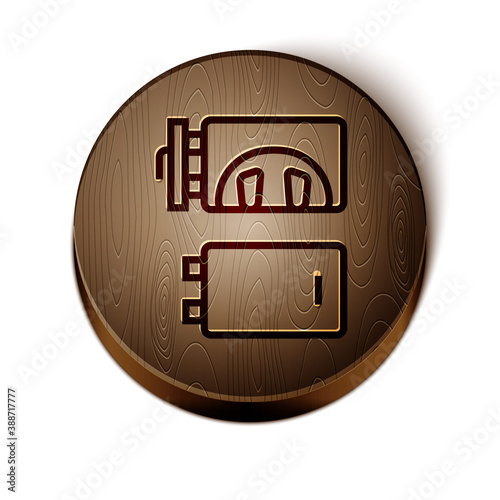 Brown line Crematorium icon isolated on white background. Wooden circle button. Vector.