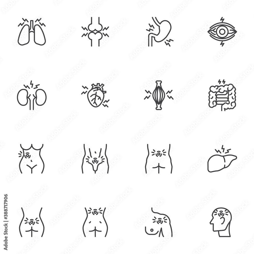 Human body pain line icons set, body ache outline vector symbol collection, linear style pictogram pack. Signs, logo illustration. Set includes icons as headache, heart pain, backache, stomach