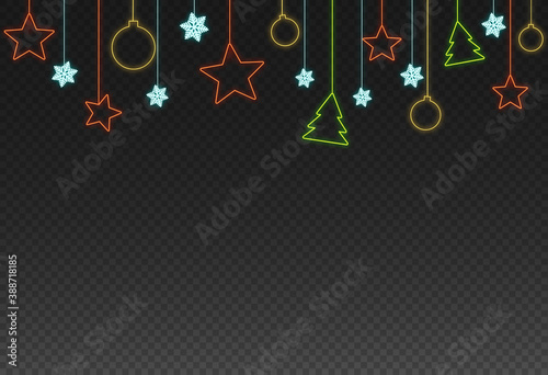 Christmas decoration, star, ball, tree with neon style isolated  on png or transparent  background, space for text, sale banner template , New Year, Birthdays,  luxury card, vector  illustration
