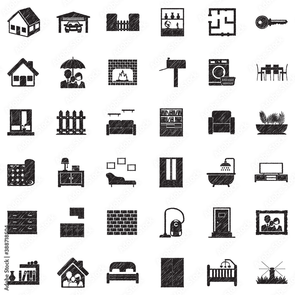Home Icons. Black Scribble Design. Vector Illustration.