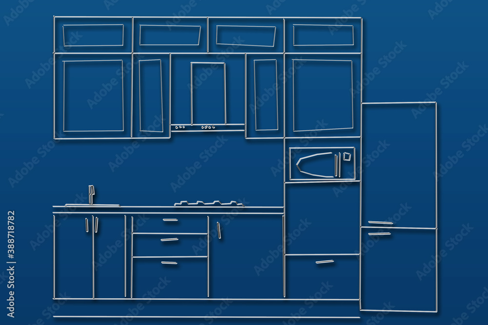 The volumetric silhouette of kitchen furniture on a blue background. 3d. The volumetric silhouette of kitchen furniture on a blue background. 3d.
