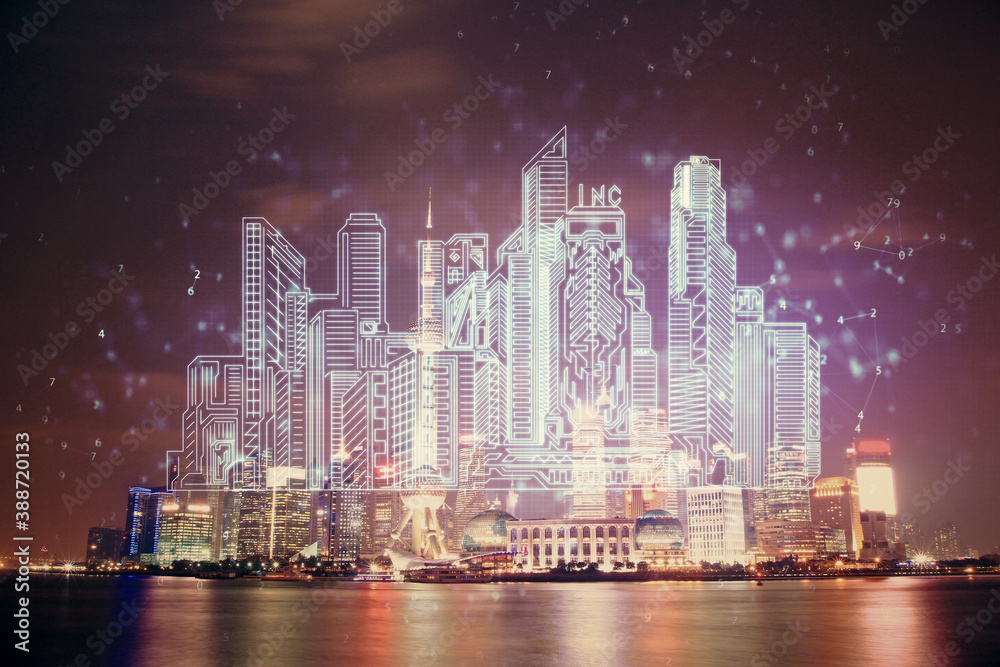 Obraz premium Double exposure of buildings hologram over cityscape background. Concept of smart city.
