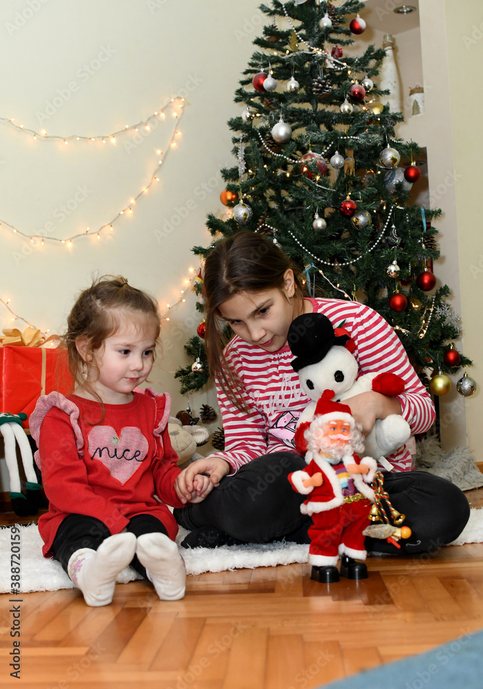 Happy children girls with Christmas gifts. Happy New Year Happy children girls with Christmas gifts. Happy New Year