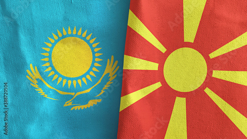 North Macedonia and Kazakhstan two flags textile cloth 3D rendering