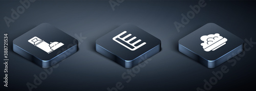 Set Isometric Shaving gel foam, Shaving gel foam and Hairbrush icon. Vector.