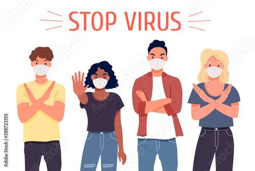Stop pandemic and coronavirus concept. A group of people of different nationalities wearing medical masks. Vector flat illustration.