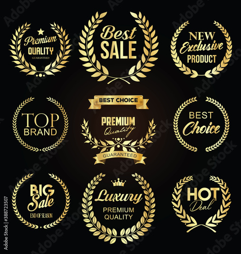 Collection of sale golden label with laurel wreath luxury template design