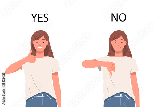 The girl shows with hand gestures: yes or no, good or bad. Vector isolated illustration in flat style. Choice concept.
