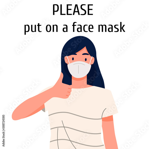 The girl in a protective medical mask holds a thumb up. Virus and stop pandemic protection concept. Vector flat illustration.