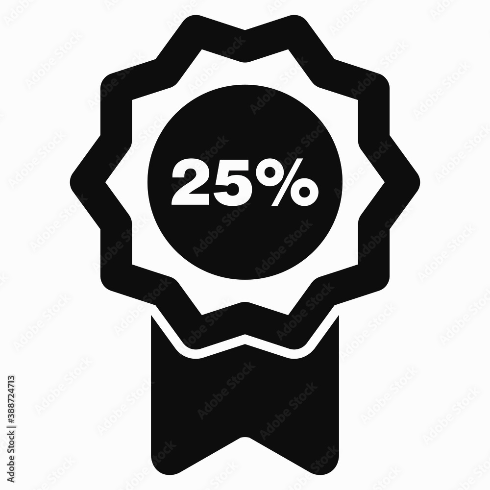 Medal icon and number twenty five percent. Guarantee illustration. Winner icon. Approval label. Reward. Vector icon.