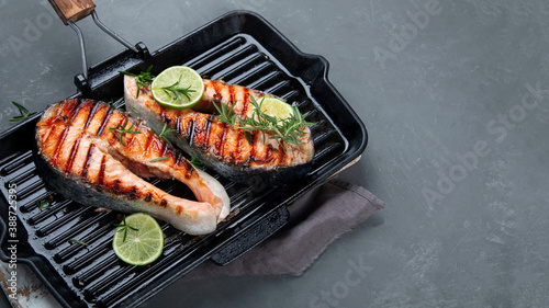 Salmon steak in a grill pan