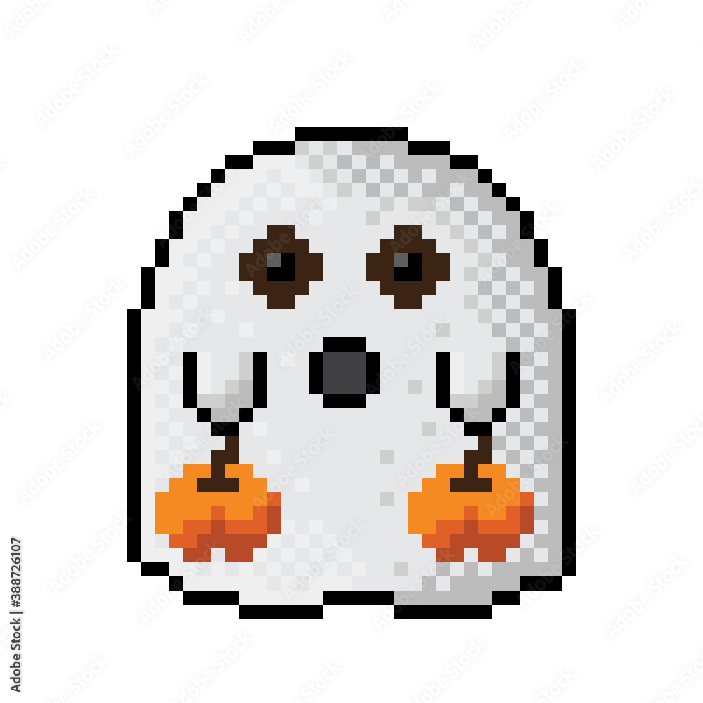 Fototapeta premium A cute ghost holding a pumpkin. happy Halloween pixel art. Vector picture.