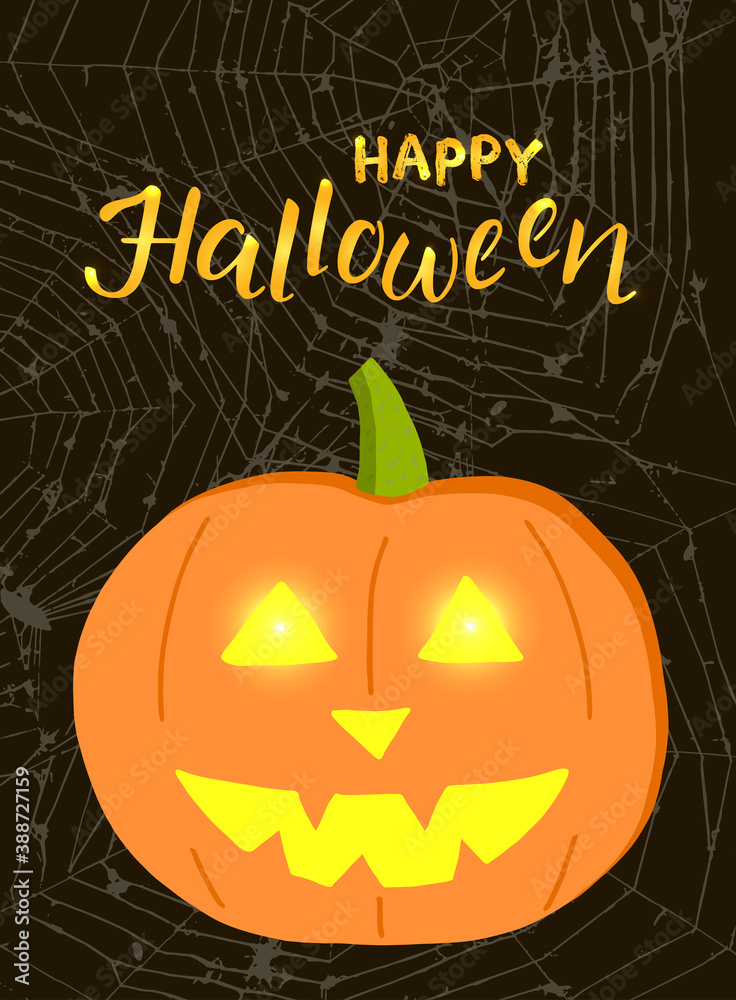 Happy Halloween handwritten Lettering. Luminous golden calligraphic text on cobweb textured black background. Cute smiled pumpkin with glowing flaming eyes. For greeting card, invitation, poster Happy Halloween handwritten Lettering. Luminous golden calligraphic text on cobweb textured black background. Cute smiled pumpkin with glowing flaming eyes. For greeting card, invitation, poster