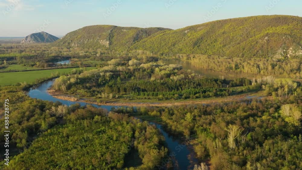 The remain of the reef of the ancient sea, composed of limestone - shikhan Kushtau on a spring day. Aerial view.
