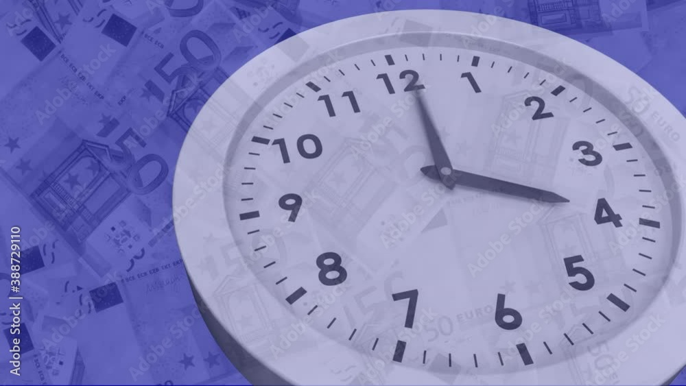 Digital animation of clock ticking against euro bills in background Digital animation of clock ticking against euro bills in background