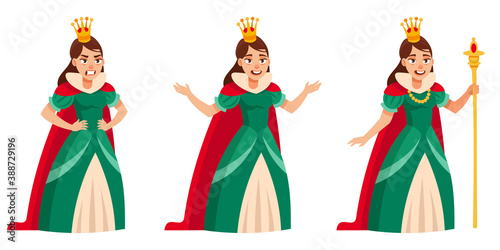 Queen in different poses. Royal character in cartoon style.