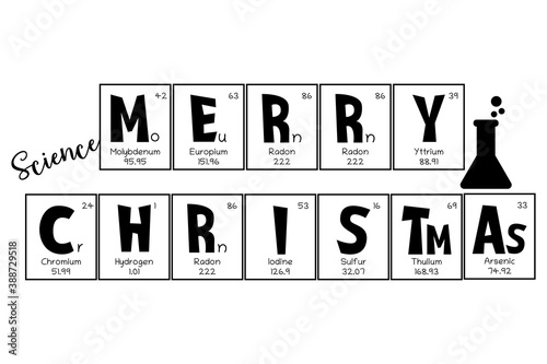 Periodic table Christmas and New Year celebration poster, greeting card. Mendeleev table elements design for a holiday ornament, for school university teacher, laboratory person