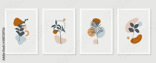 Botanical wall art vector set. Earth tone boho foliage line art drawing with  abstract shape.  Abstract Plant Art design for print, cover, wallpaper, Minimal and  natural wall art..