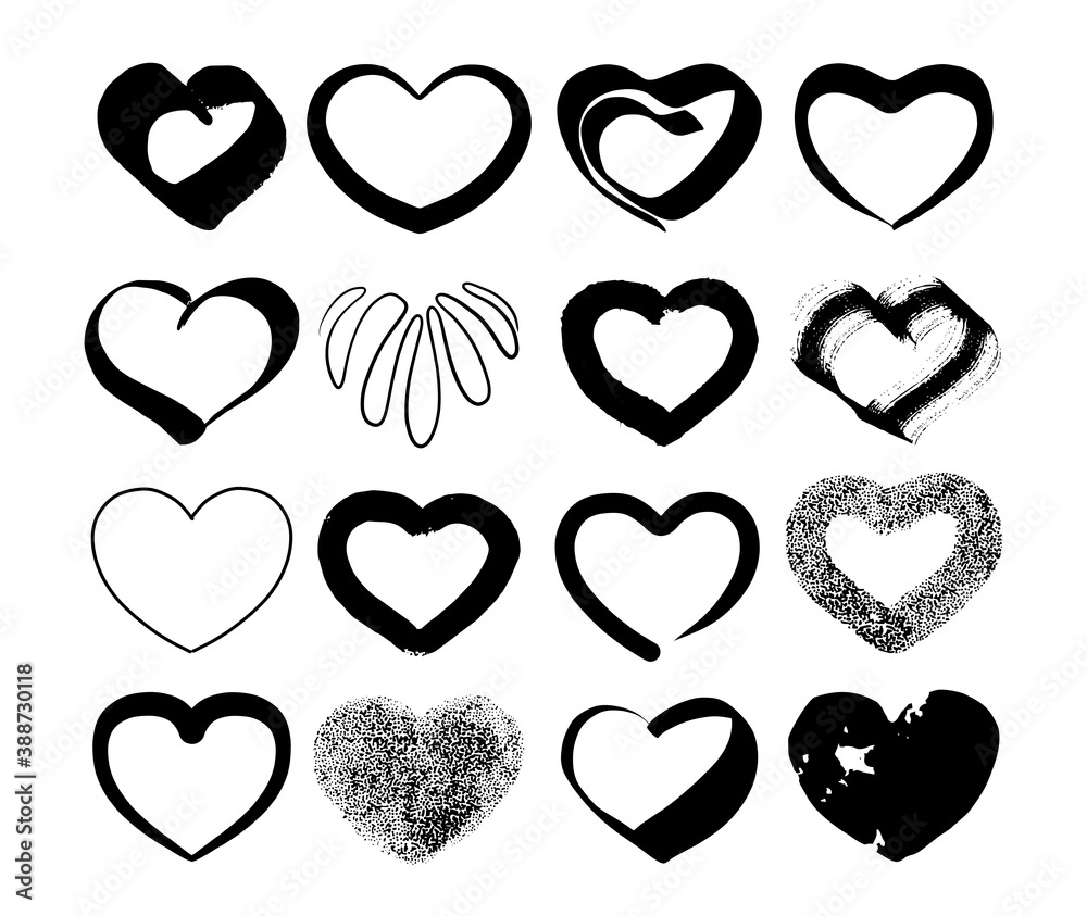 A collection of sketch hearts drawn by hand in ink. Black and white icons. Vector illustration.