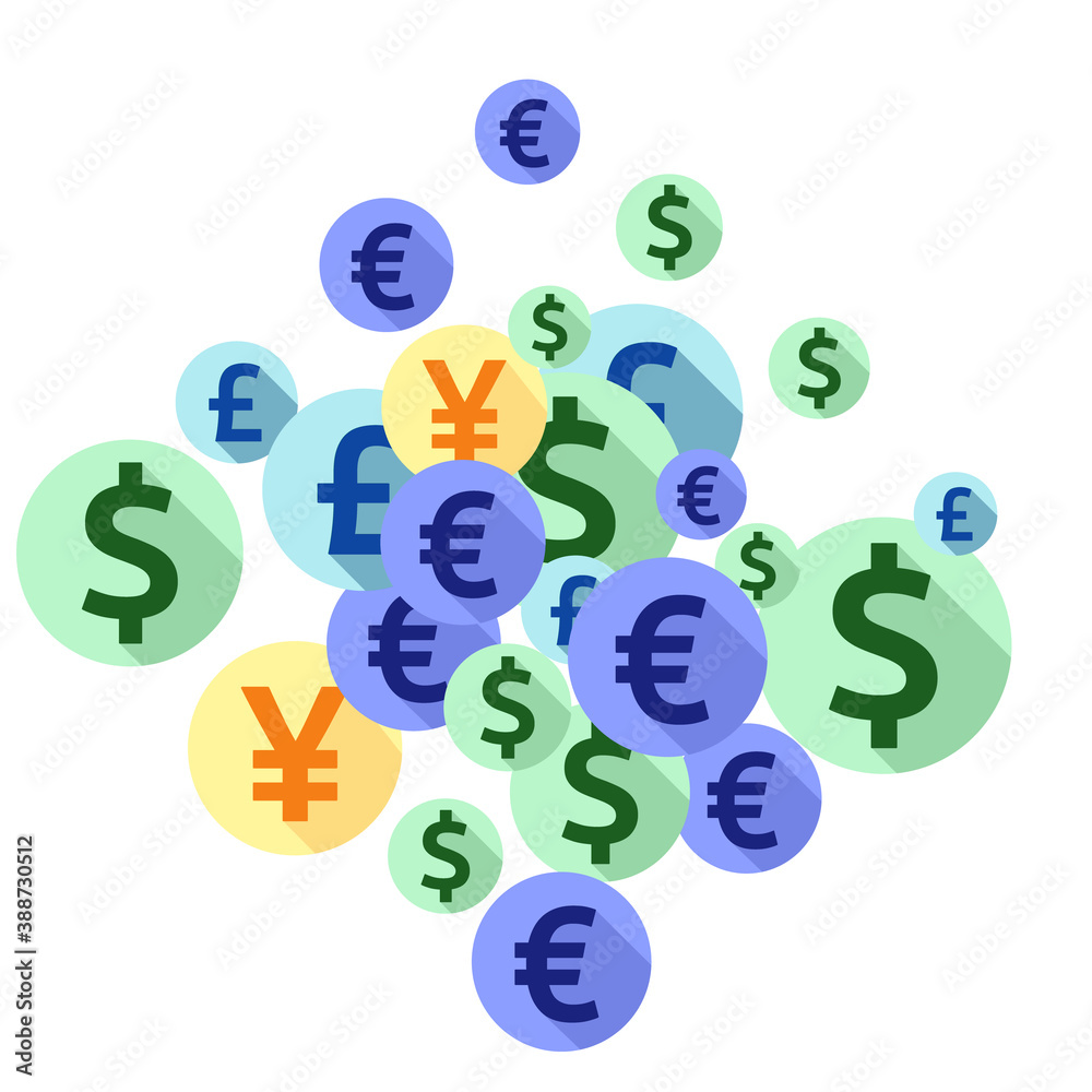 Euro dollar pound yen round signs scatter money vector design. Success concept. Currency tokens Euro dollar pound yen round signs scatter money vector design. Success concept. Currency tokens