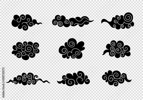 Vector Set of Oriental Clouds, Black and White, Illustrations Isolated on Light Background.