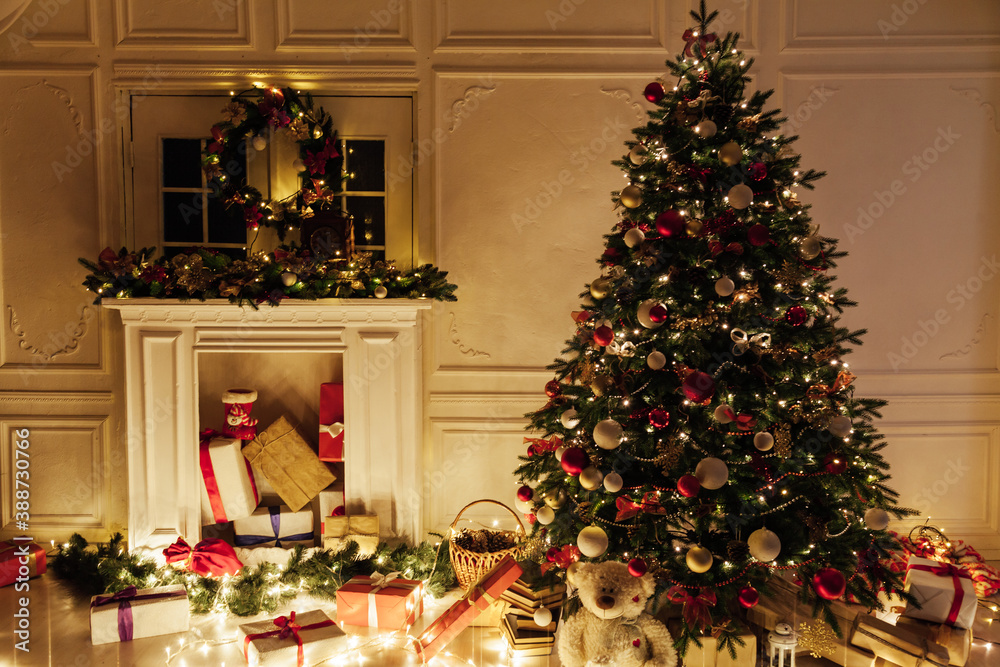 Light garland Christmas tree decor presents new year night interior