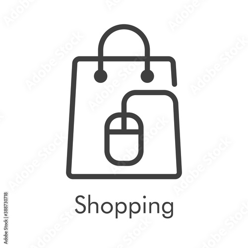 Símbolo de tienda en línea. Logotipo lineal con texto Shopping con bolsa de la compra con mouse de ordenador en color gris