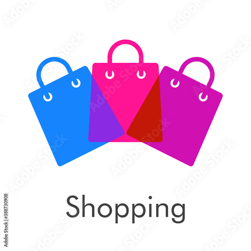 Símbolo de tienda en línea. Logotipo con texto Shopping con 3 bolsas de la compra en varios colores