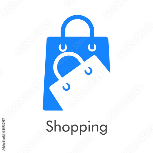 Símbolo de tienda en línea. Logotipo con texto Shopping con bolsa de la compra en color azul con bolsa en espacio negativo