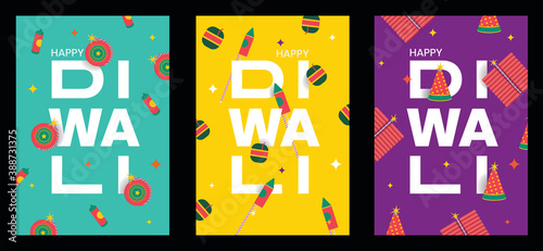 Happy Diwali text with firecracker element in background template set for indian diwali festival 