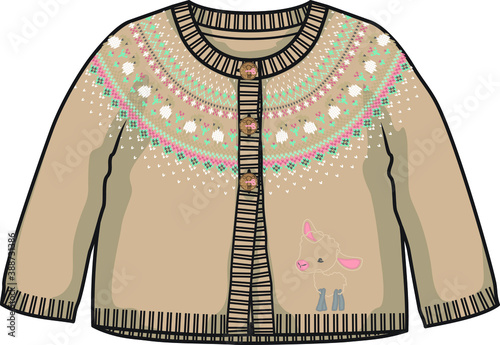 baby girl cardigan flat sketch template isolated. baby knitwear