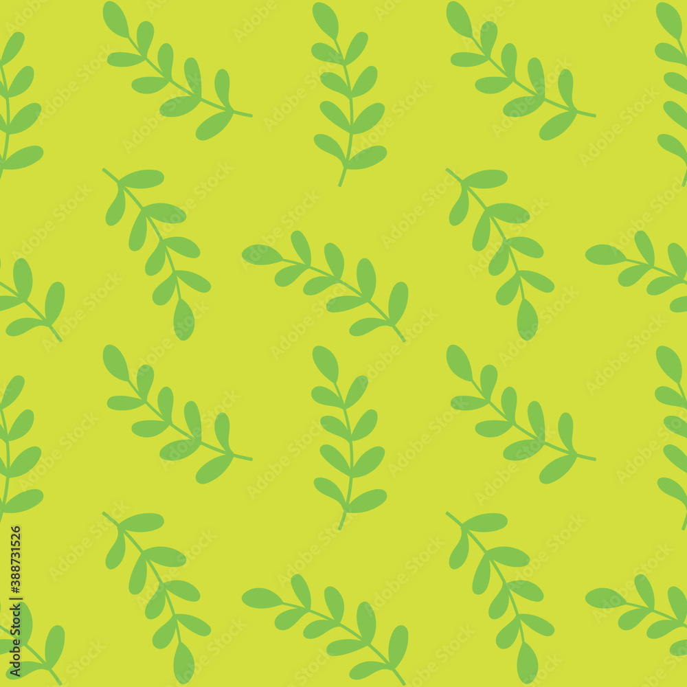 Seamless background. A pattern of green plants on a yellow background. Warm and cozy drawing.
