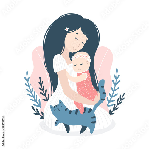 Hugging mom with a baby daughter with a cat in summer flowers, daisies. Cute cartoon childish illustration in simple hand-drawn style in a pastel palette