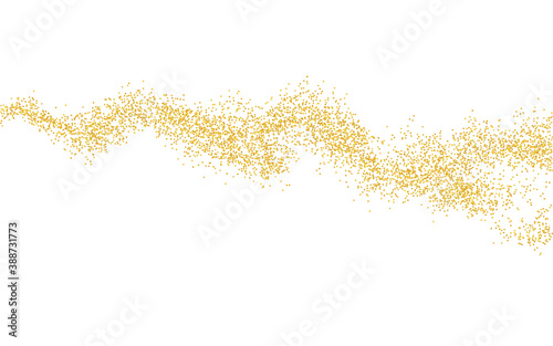 Crumbs golden texture, horizontal wavy strip. Background Gold dust on a white background. Backdrop sand particles grain or sand. Golden path pieces sprinkled for design. Vector illustration.