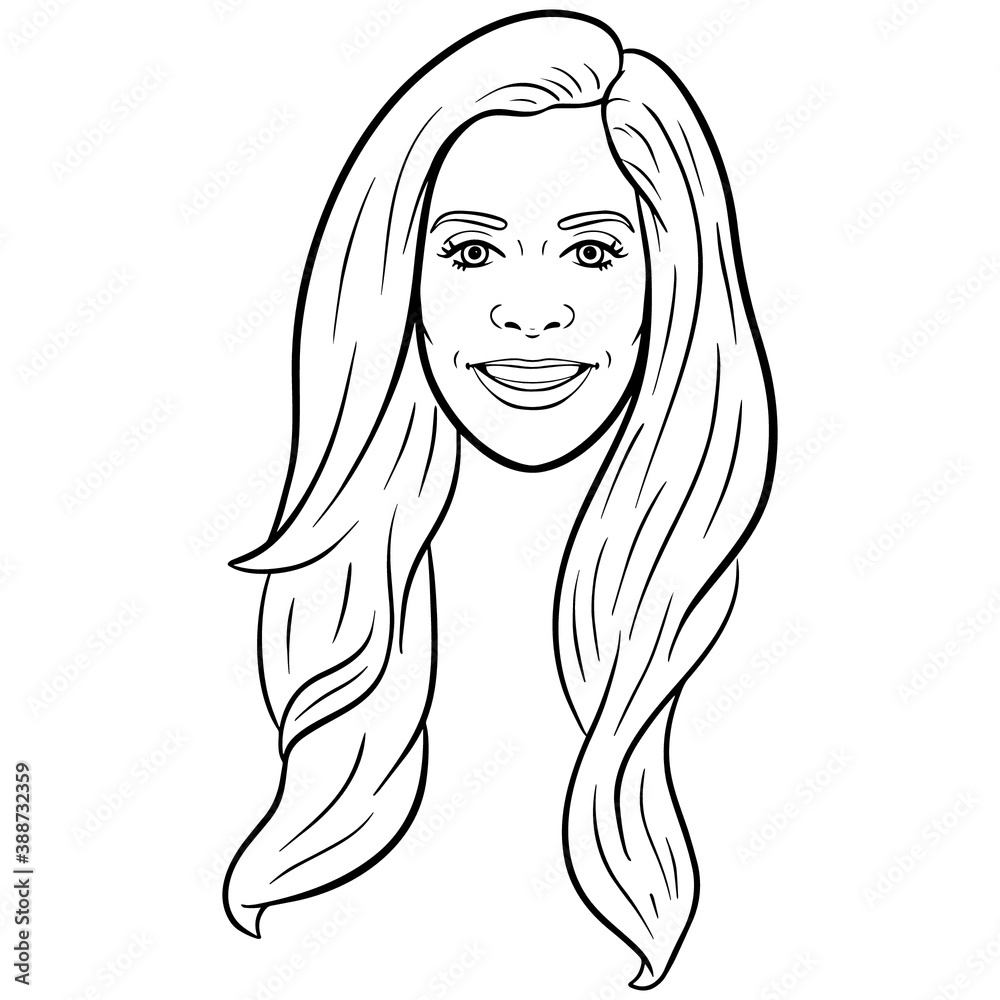 monochrome comic illustration of a woman's head with long hair. avatar, outline, comic.