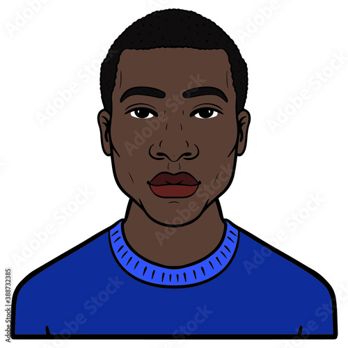 comic illustration of an african american and blue sweater. avatar, outline.