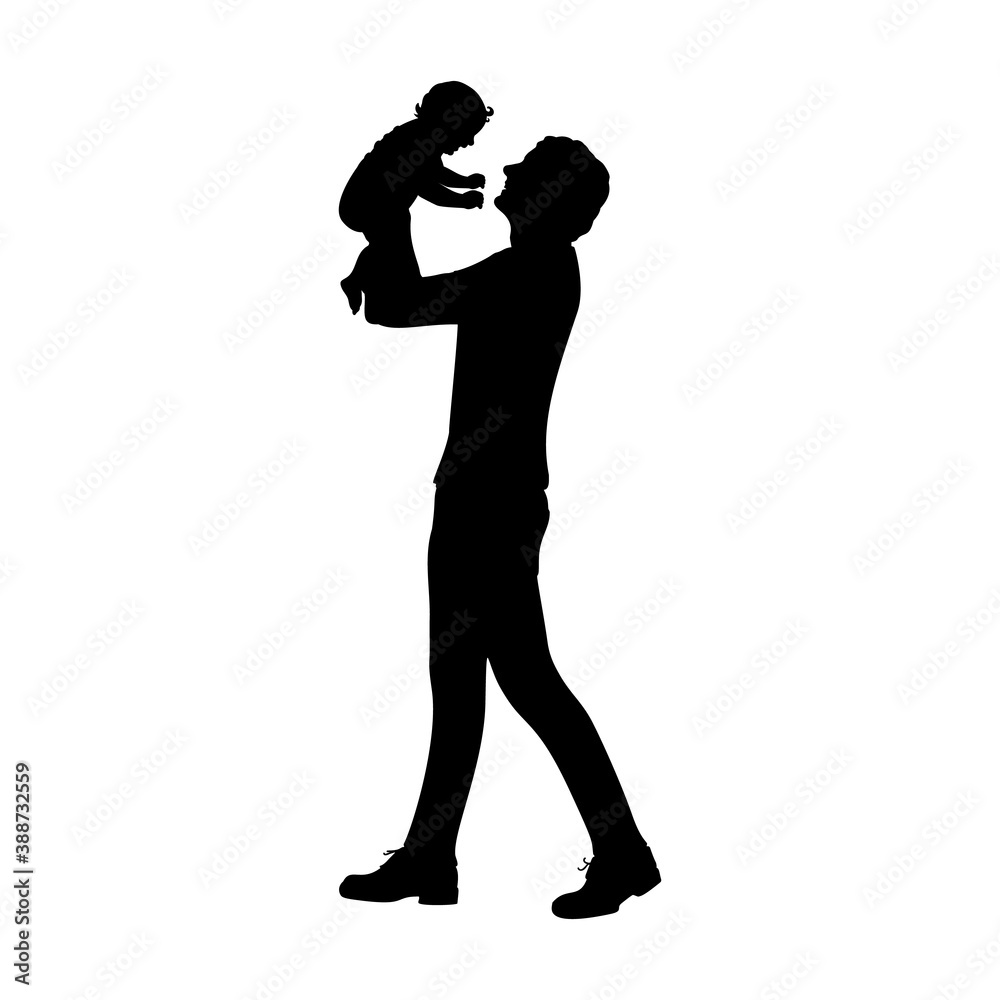 Silhouette happy father holding newborn baby in air