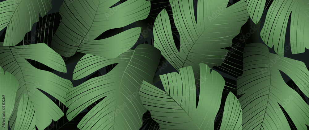 Fototapeta premium Green Tropical palm background vector. line art pattern design for painting, Covering greetings cards, cover, print, fabrics. Vector illustration