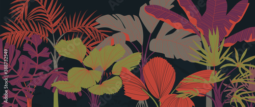 Tropical plant background vector. Floral pattern with golden tropical palm, coconut tree, split-leaf Philodendron plant ,Jungle plants line art on white background.