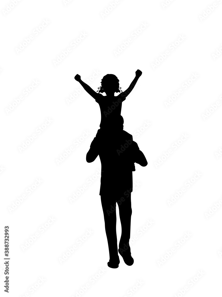 Silhouette father walking with daughte on shoulders from back
