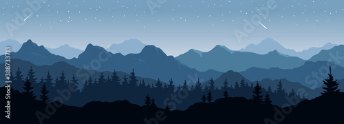 Abstract landscape with mountains and forest. Vector illustrations. Starlight night.	