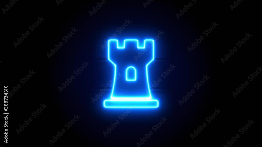 Chess Rook neon sign appear in center and disappear after some time. Animated blue neon symbol on black background. Looped animation. Chess Rook neon sign appear in center and disappear after some time. Animated blue neon symbol on black background. Looped animation.