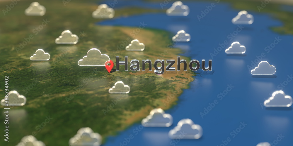 Hangzhou city and cloudy weather icon on the map, weather forecast related 3D rendering Hangzhou city and cloudy weather icon on the map, weather forecast related 3D rendering