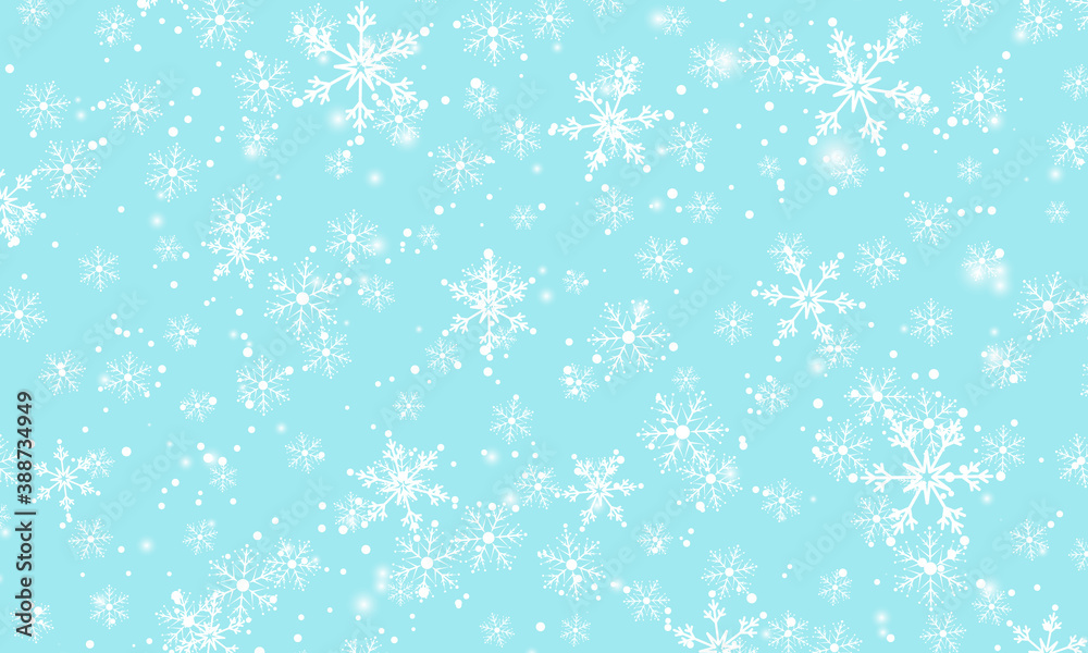Falling snow background. White Snowflakes. Winter Blue Sky. Christmas Texture.