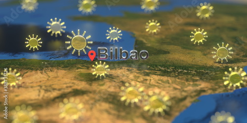 Sunny weather icons near Bilbao city on the map  weather forecast related 3D rendering
