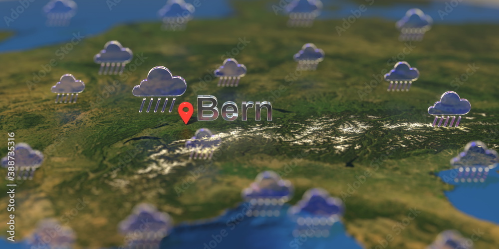 Bern city and rainy weather icon on the map, weather forecast related 3D rendering Bern city and rainy weather icon on the map, weather forecast related 3D rendering