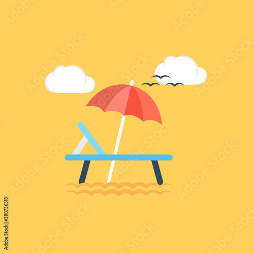 
A rattan chair along with umbrella shade and cloudy weather , a beautiful scene picturizing seaside resort 
