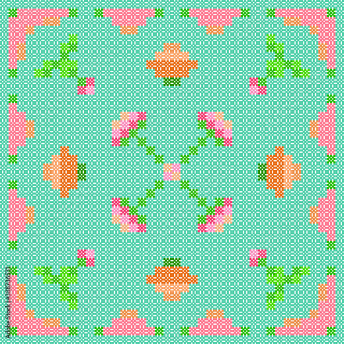 Flower print on cross-stich effect seamless pattern 